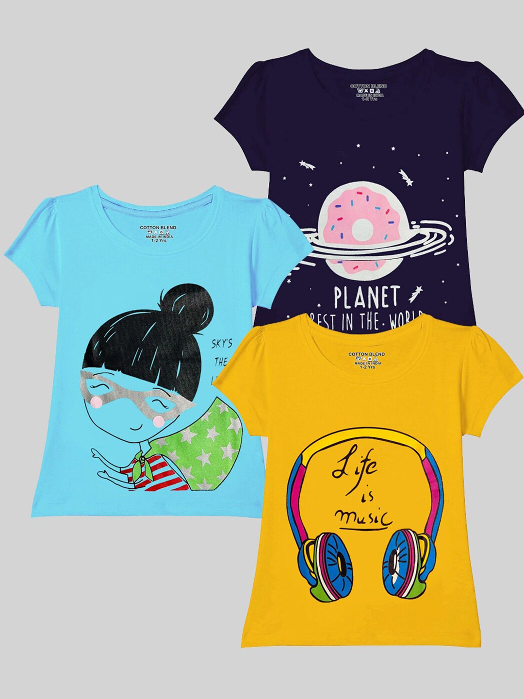 

KUCHIPOO Girls Pack of 3 Printed Cap Sleeve Cotton T-shirt, Yellow