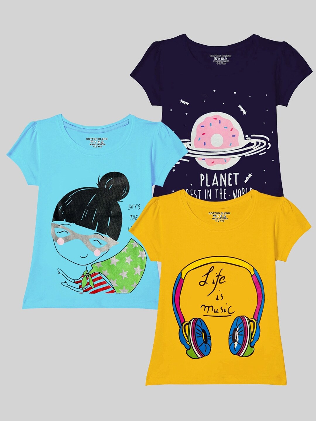 

KUCHIPOO Girls Pack Of 3 Graphic Printed Round Neck Cotton T-shirts, Yellow
