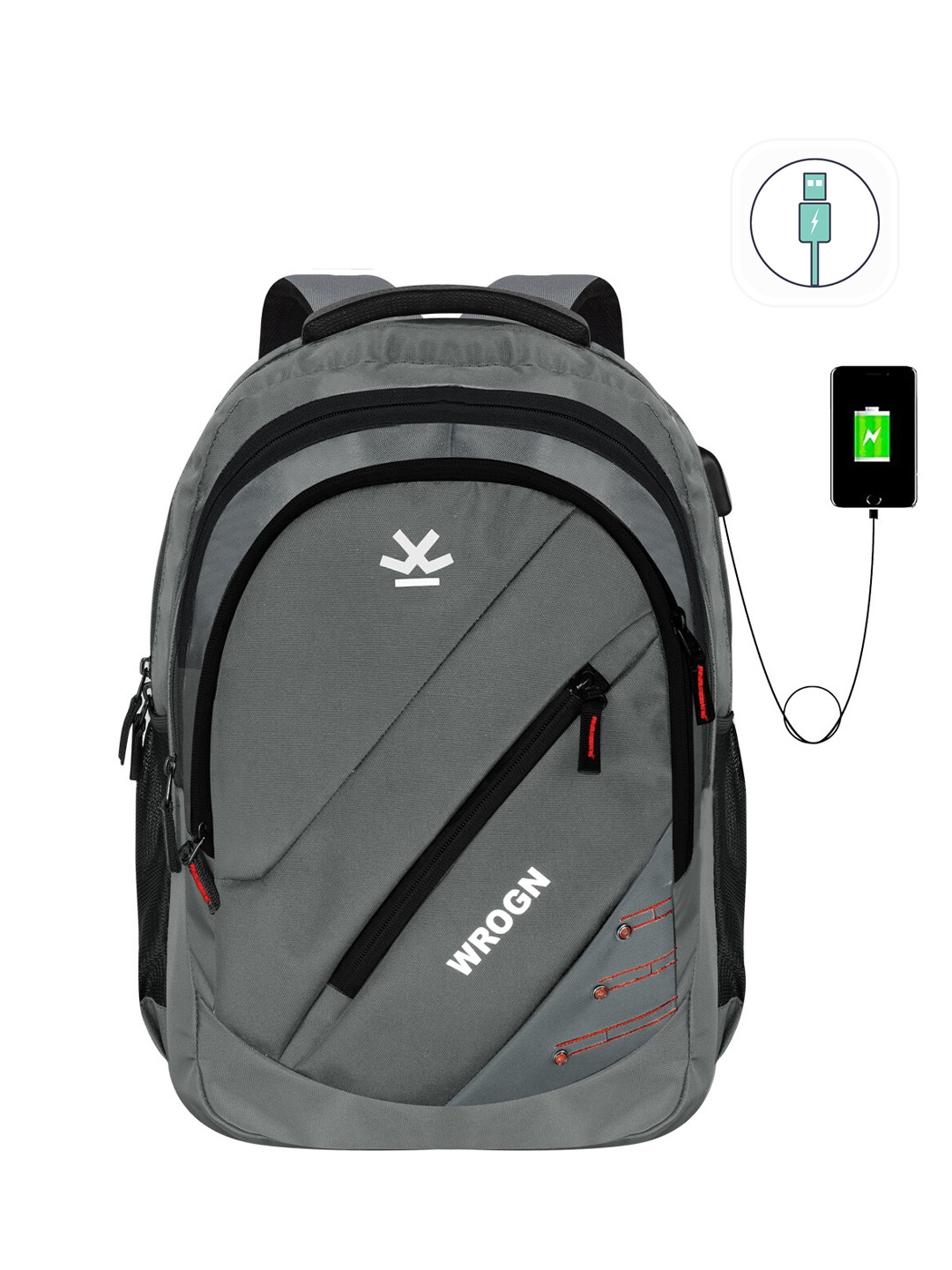 

WROGN Brand Logo Backpack With USB Charging Port & Rain Cover, Grey