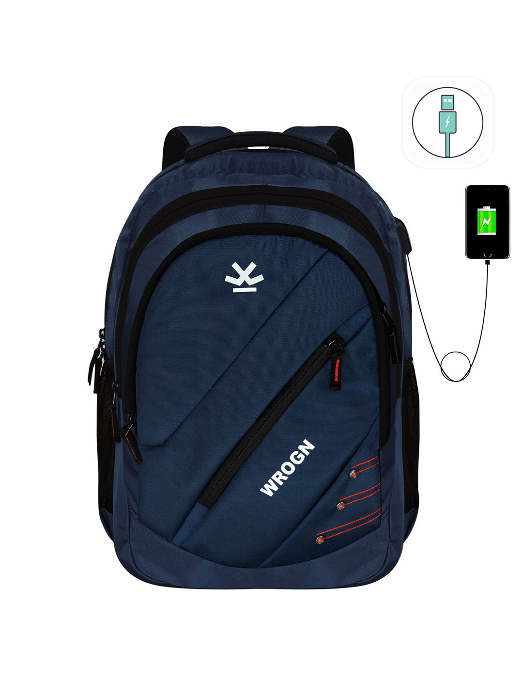 

WROGN Brand Logo Backpack With USB Charging Port & Rain Cover, Navy blue