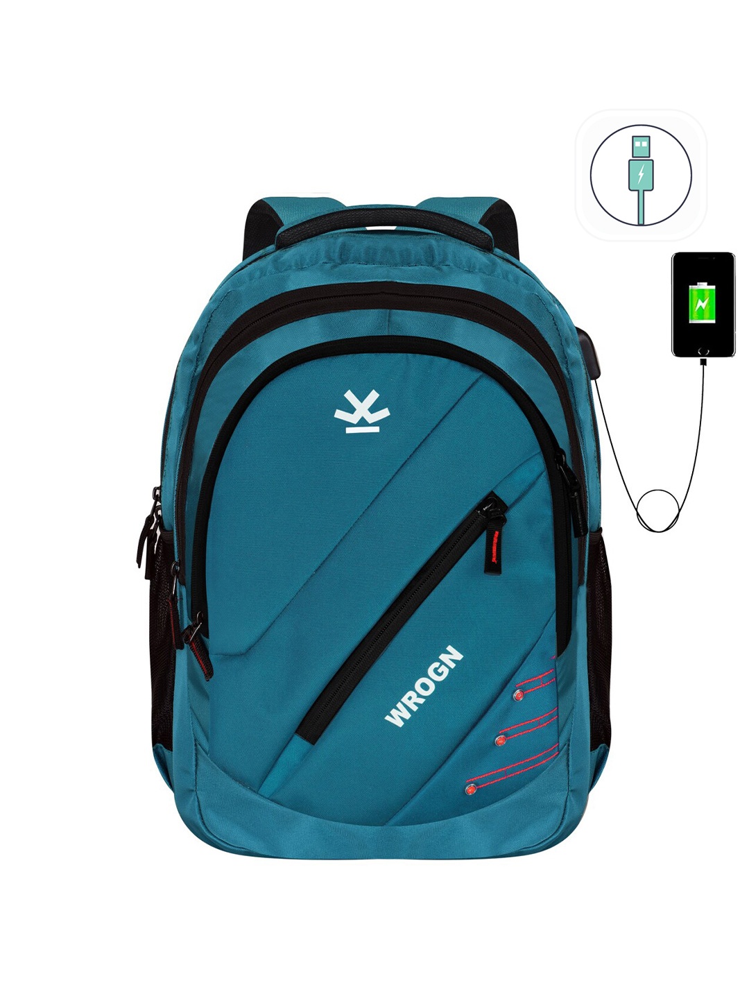 

WROGN Brand Logo Backpack With USB Charging Port & Rain Cover, Blue