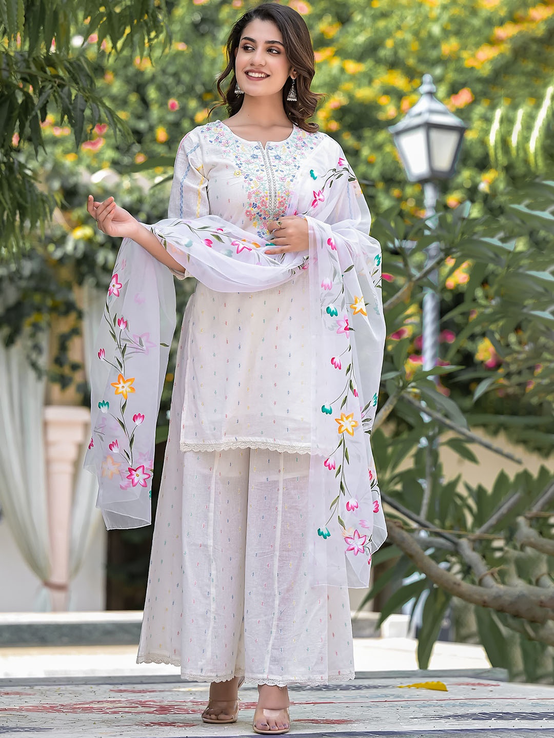 

Ramas Floral Embroidered Pure Cotton Kurta With Palazzos & Dupatta, White