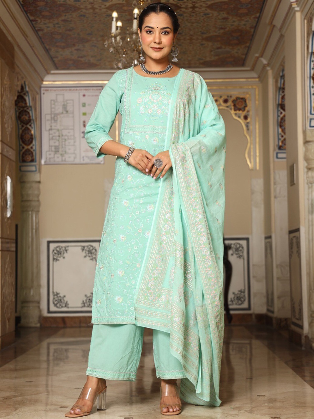 

Ramas Floral Embroidered Pure Cotton Kurta With Palazzos & Dupatta, Sea green