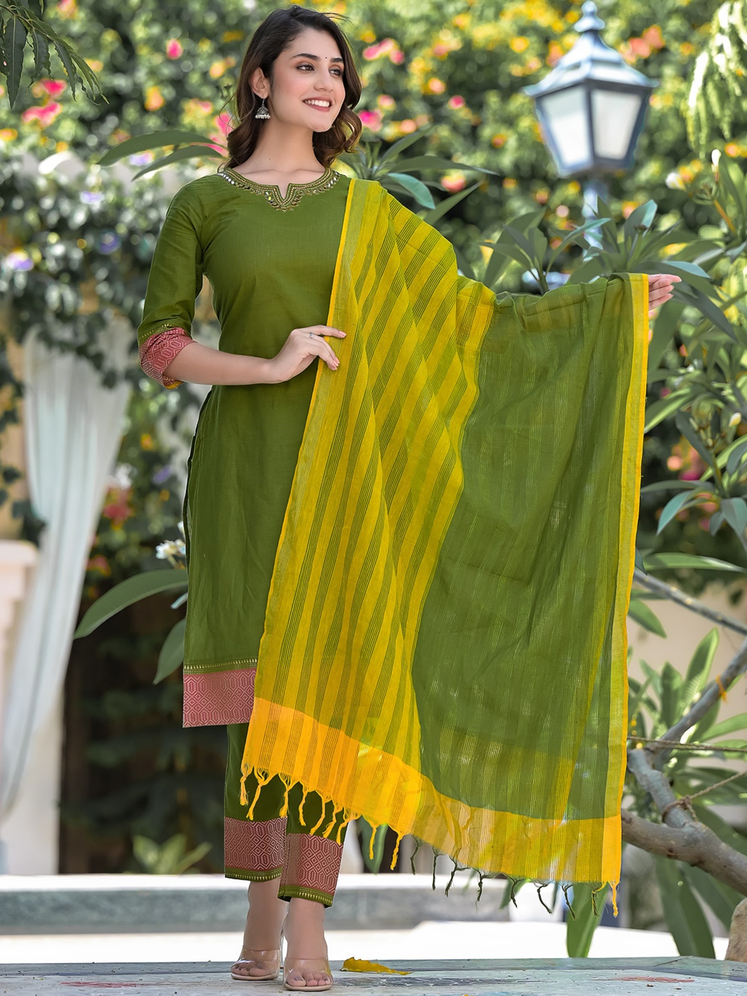 

Ramas Mirror Work Pure Cotton Kurta With Trousers & Dupatta, Green