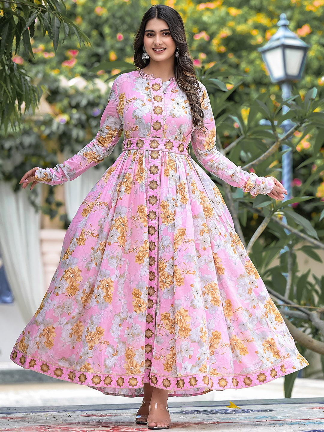 

Ramas Floral Printed Embroidered Ethnic Dress, Pink