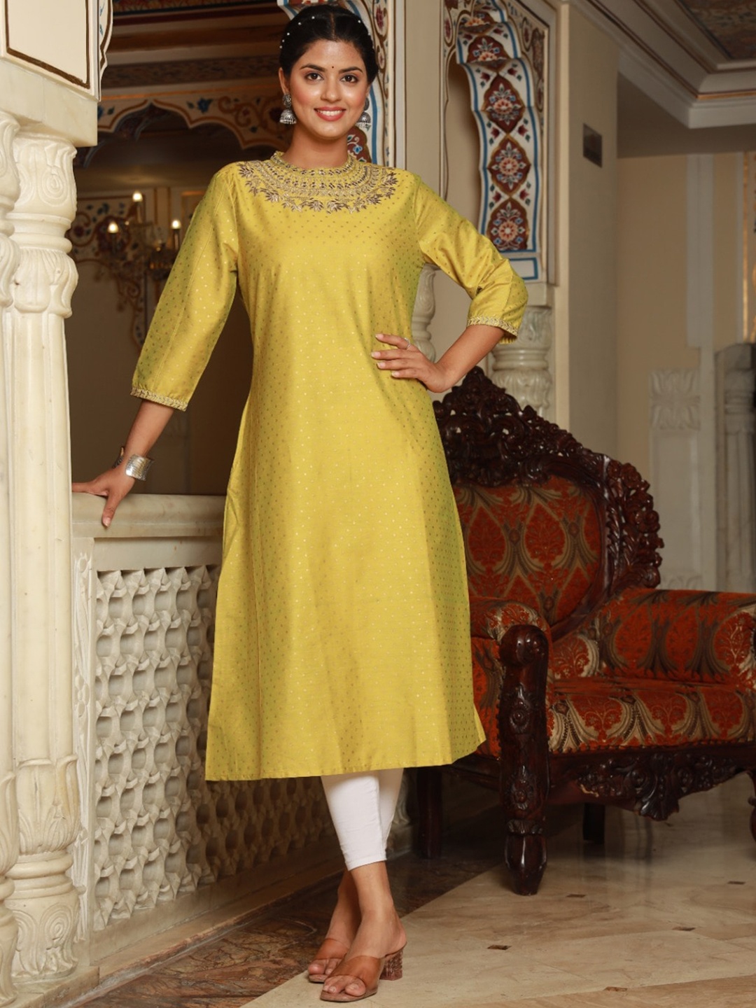 

Ramas Ethnic Motifs Thread Work Chanderi Silk A-Line Kurta, Yellow