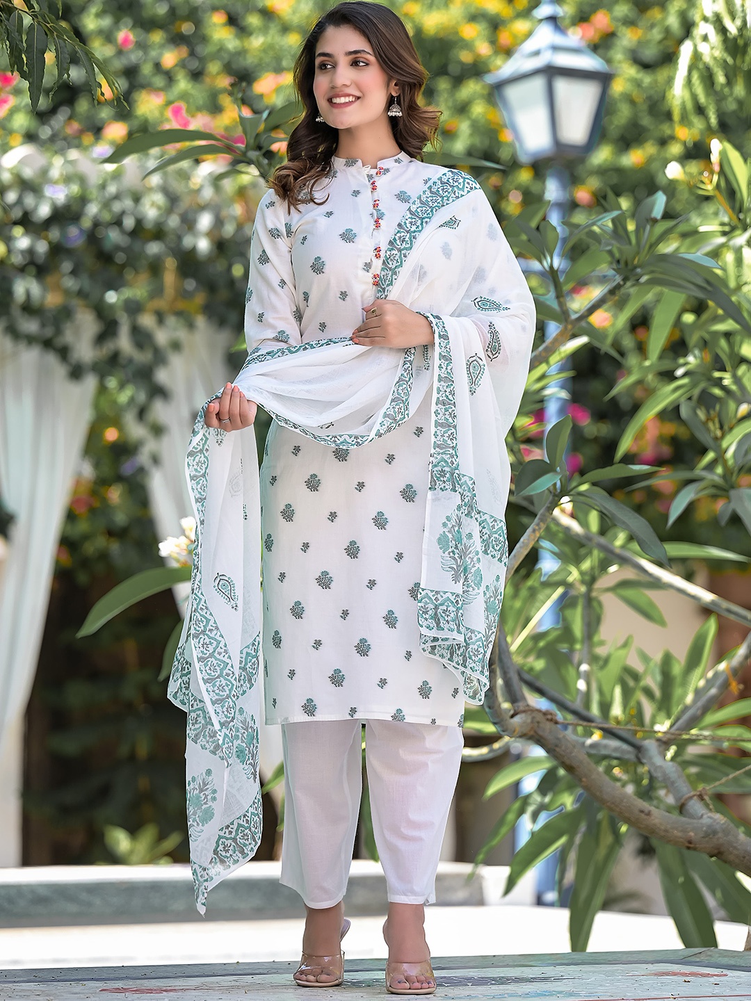 

Ramas Floral Printed Pure Cotton Kurta With Palazzos & Dupatta, White