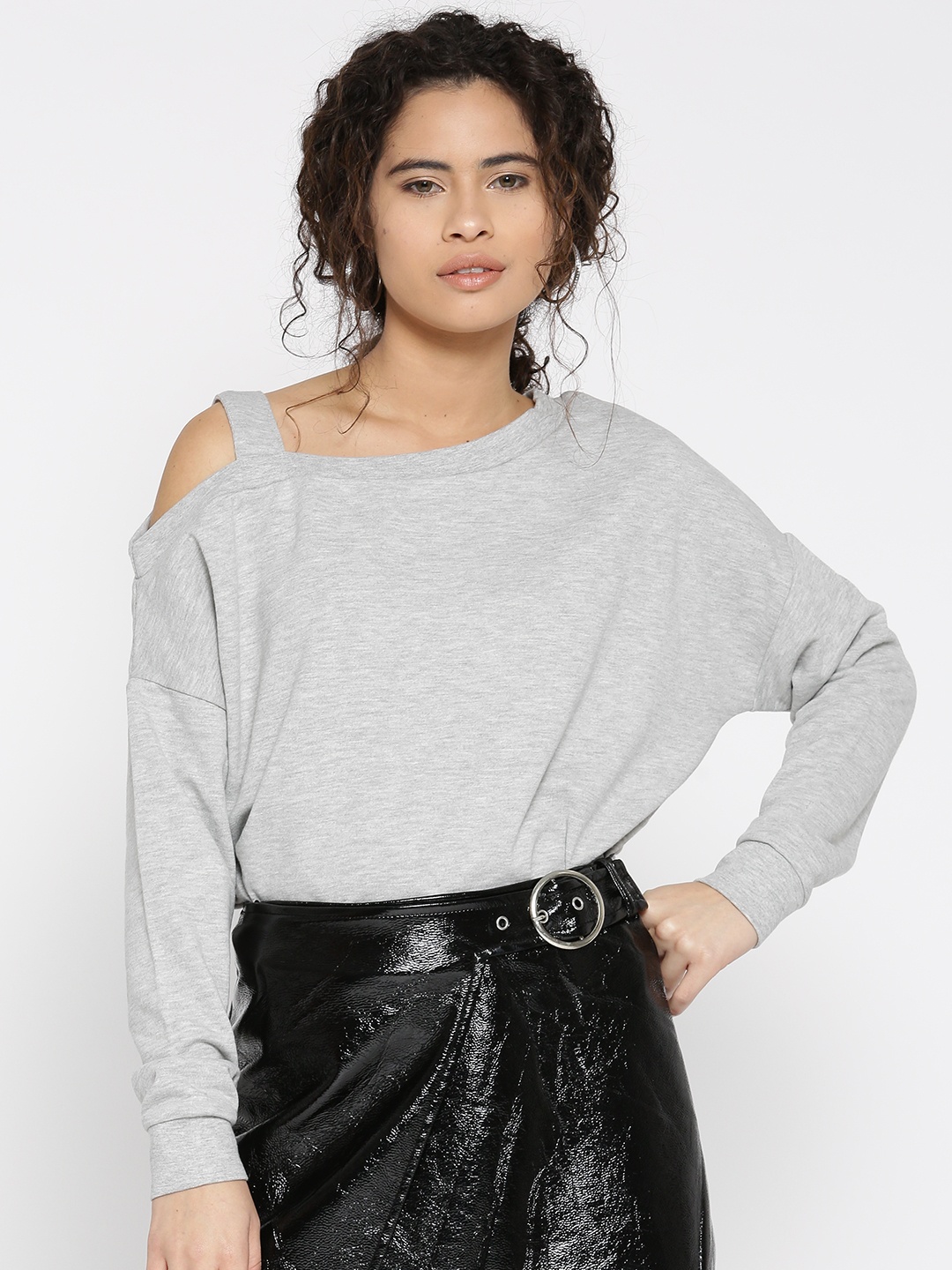 

FOREVER 21 Women Grey Melange Solid Sweatshirt