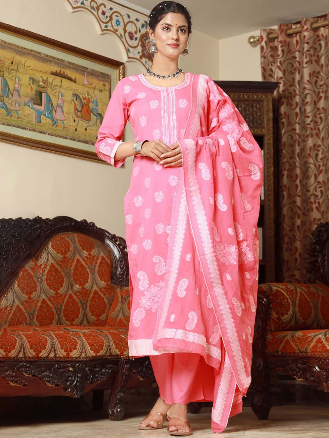 

Ramas Ethnic Motifs Embroidered Pure Cotton Kurta With Palazzos & Dupatta, Pink