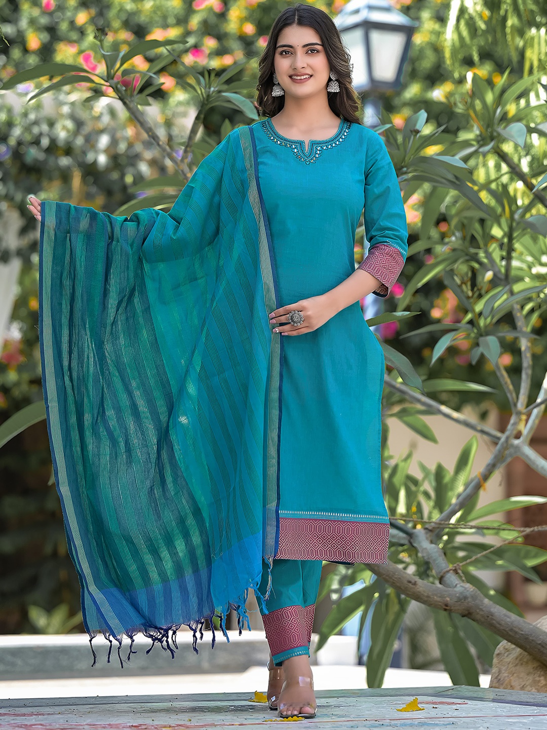 

Ramas Pure Cotton Kurta With Trousers & Dupatta, Turquoise blue