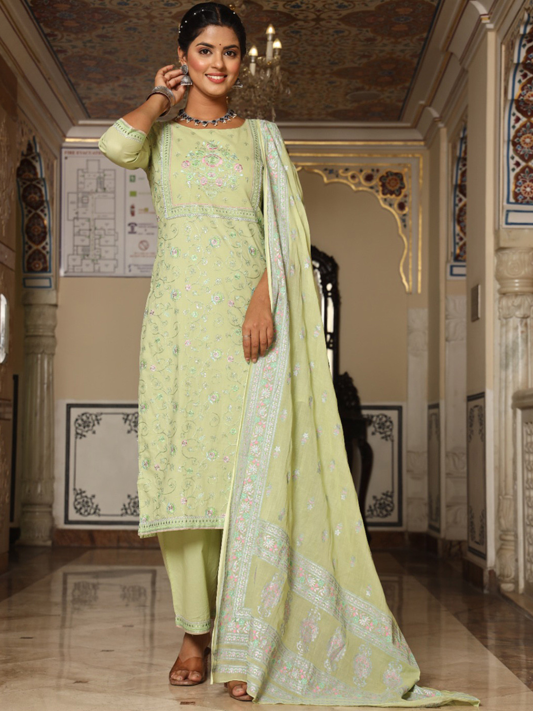 

Ramas Floral Embroidered Pure Cotton Kurta With Palazzos & Dupatta, Green