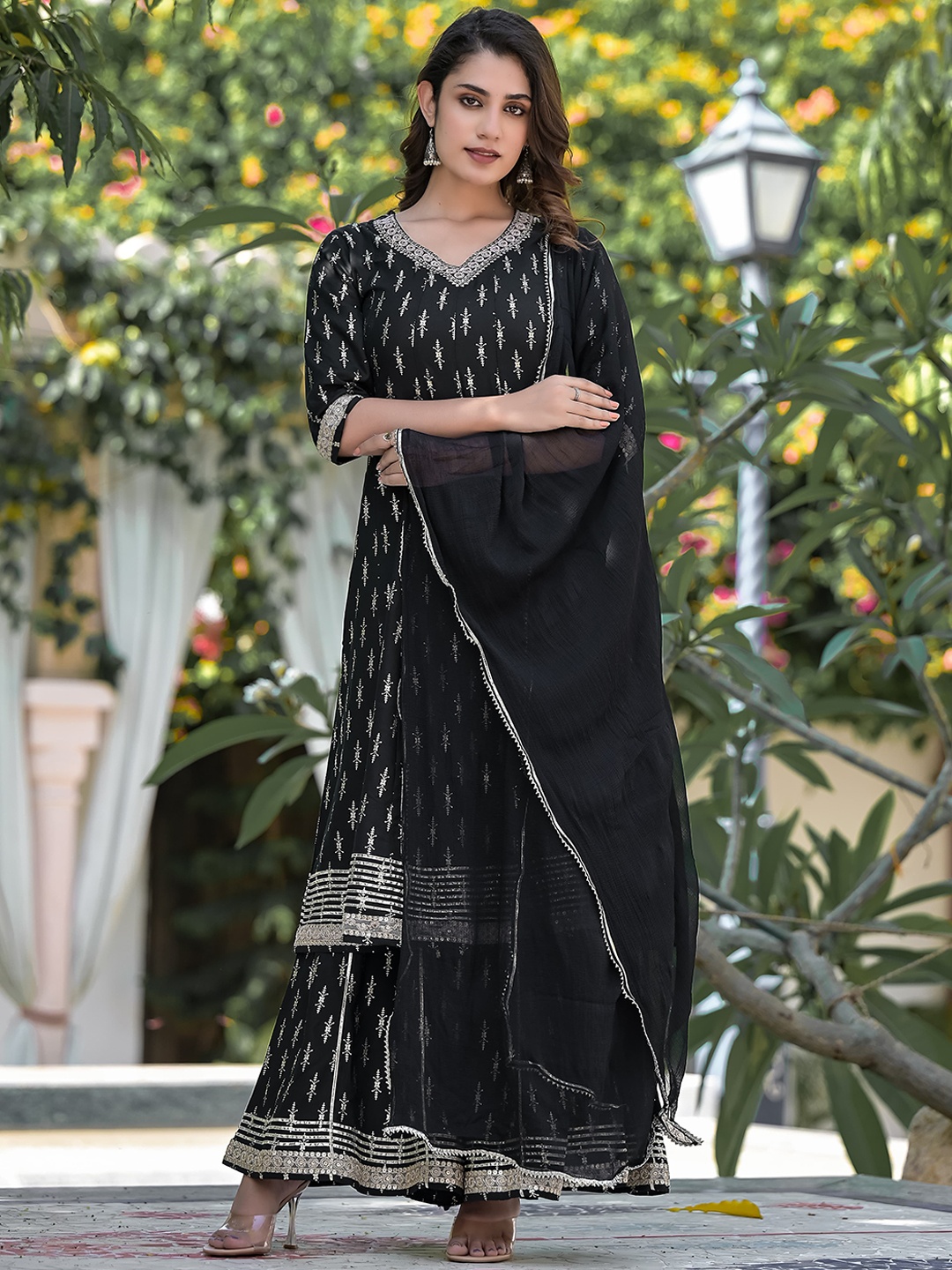 

Ramas Floral Printed Panelled A-Line Kurta With Sharara & Dupatta, Black