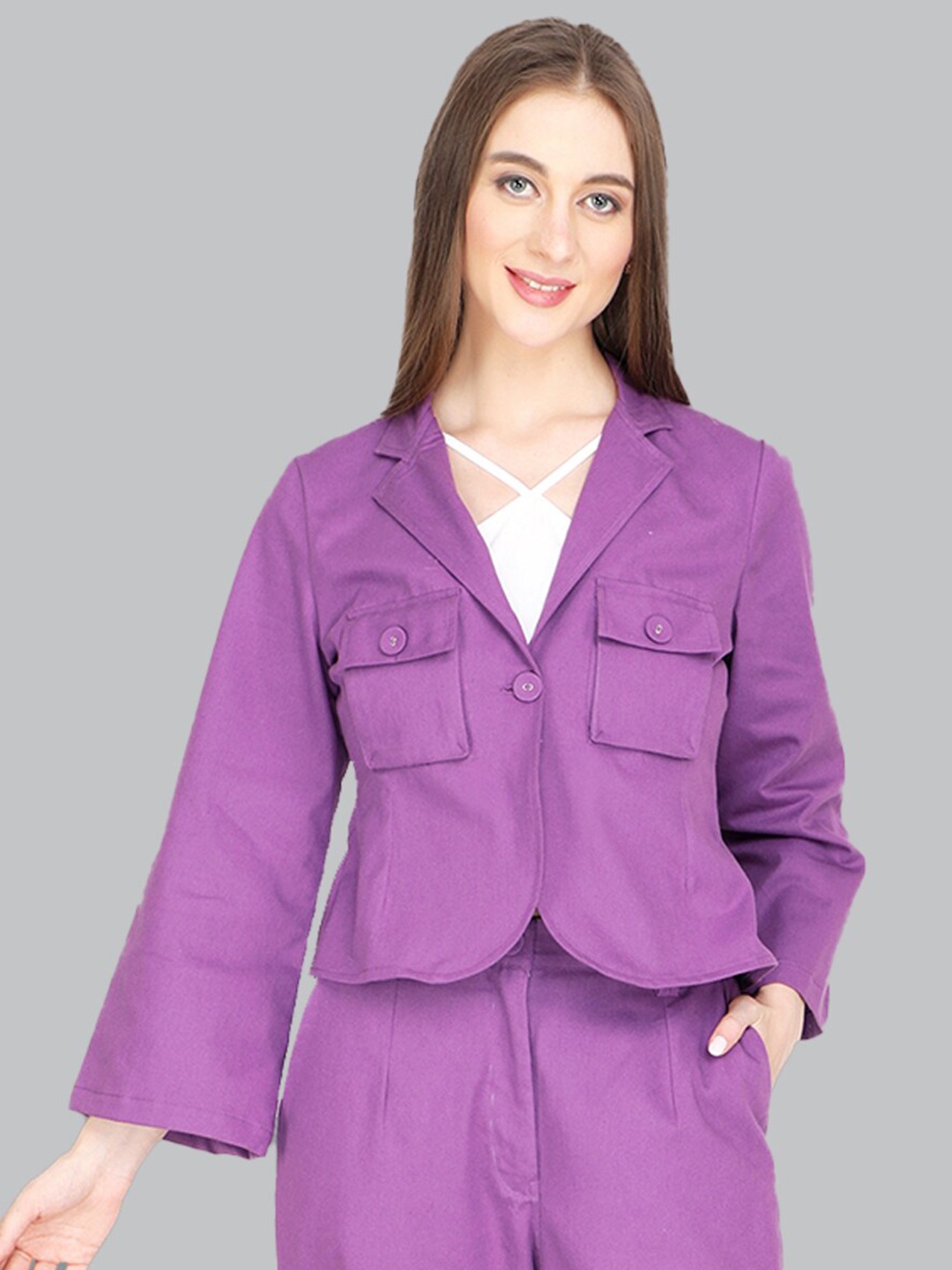 

CUFFS N LASHES Shirt Collar Flared Sleeves Cotton Shirt Style Top, Purple