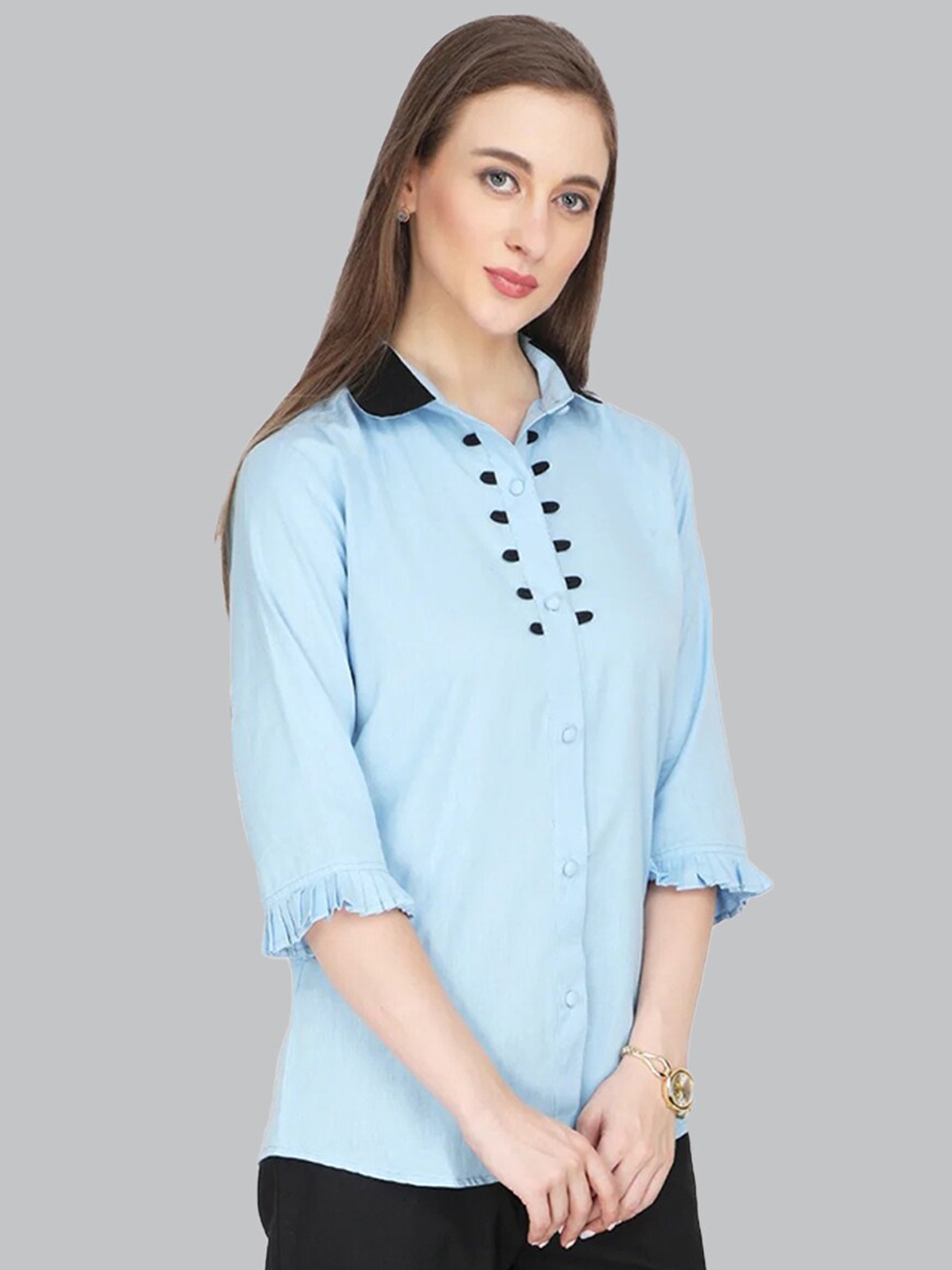 

CUFFS N LASHES Cuffed Sleeves Cotton Shirt Style Top, Blue