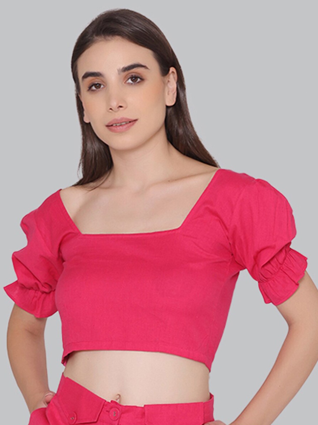 

CUFFS N LASHES Puff Sleeve Square Neck Cotton Crop Top, Pink