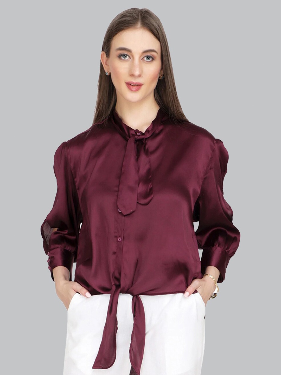 

CUFFS N LASHES Tie-Up Neck Slit Puff Sleeves Satin Shirt Style Top, Na