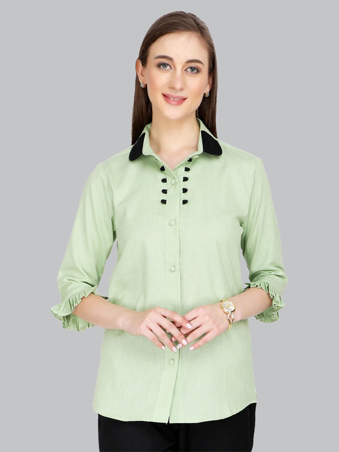 

CUFFS N LASHES Cotton Shirt Style Top, Green