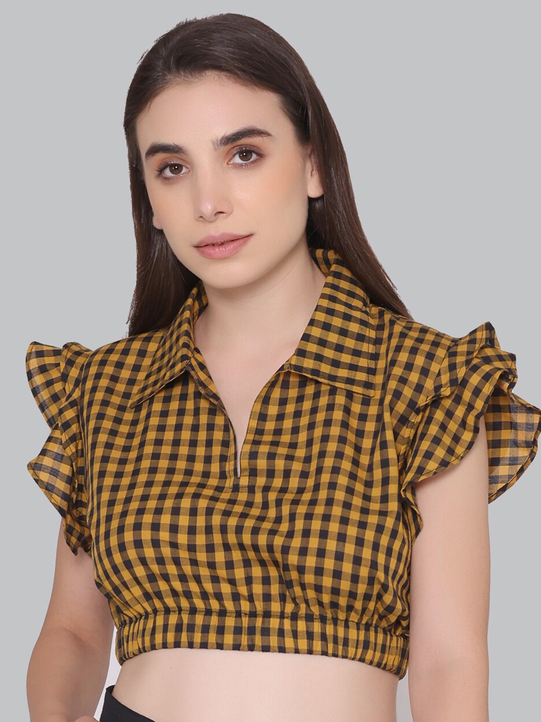 

CUFFS N LASHES Checked Flutter Sleeve Shirt Collar Cotton Blouson Crop Top, Yellow