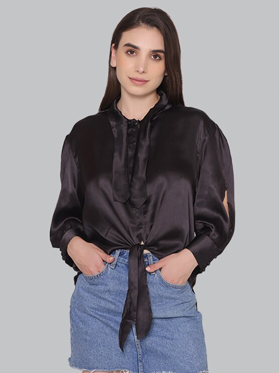 

CUFFS N LASHES Tie Ups Neck Cuffed Sleeves Satin Top, Black