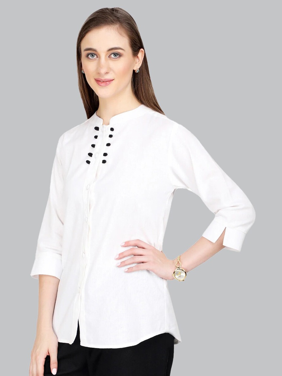 

CUFFS N LASHES Mandarin Collar Shirt Style Cotton Top, White