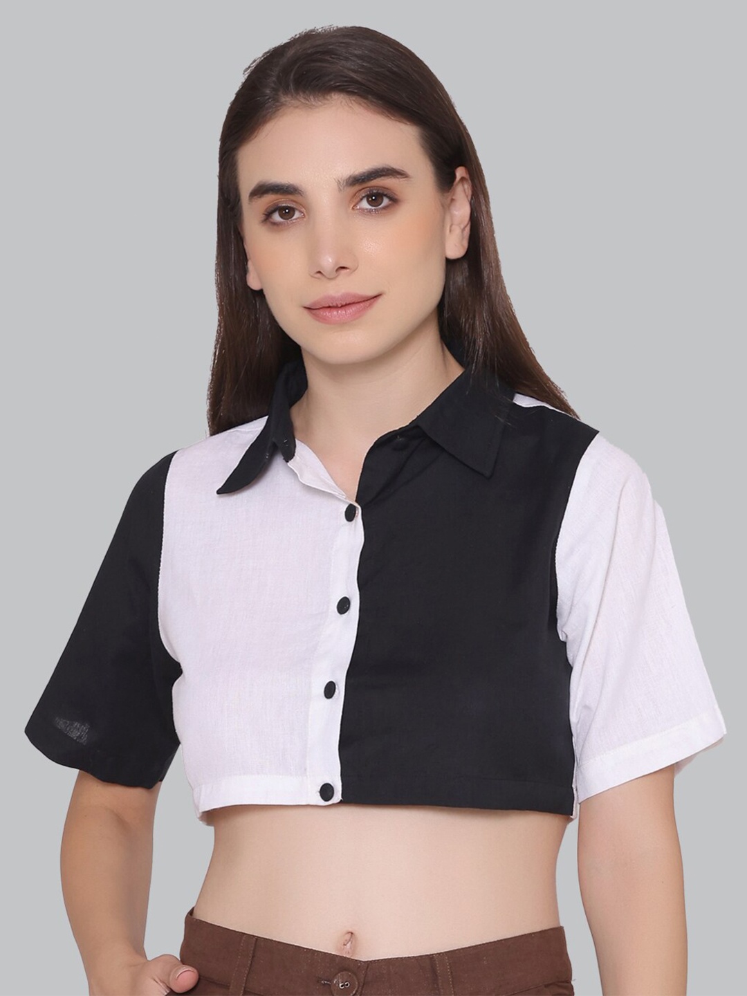 

CUFFS N LASHES Colourblocked Shirt Style Cotton Crop Top, White