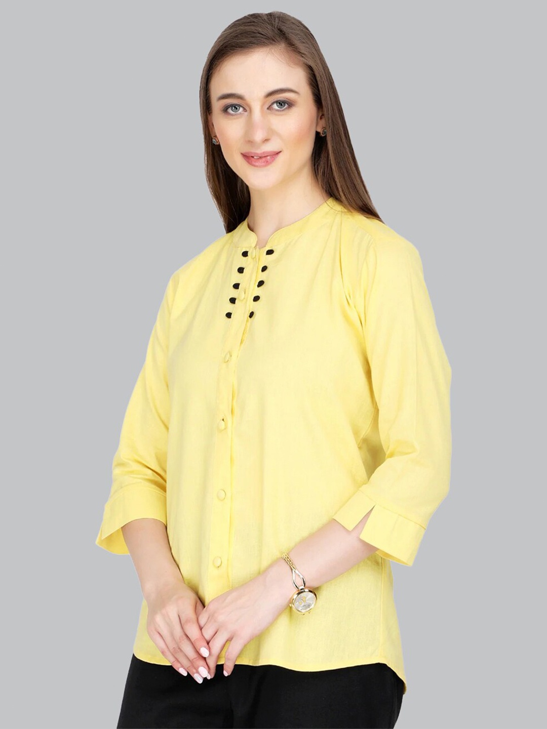 

CUFFS N LASHES Mandarin Collar Shirt Style Top, Yellow