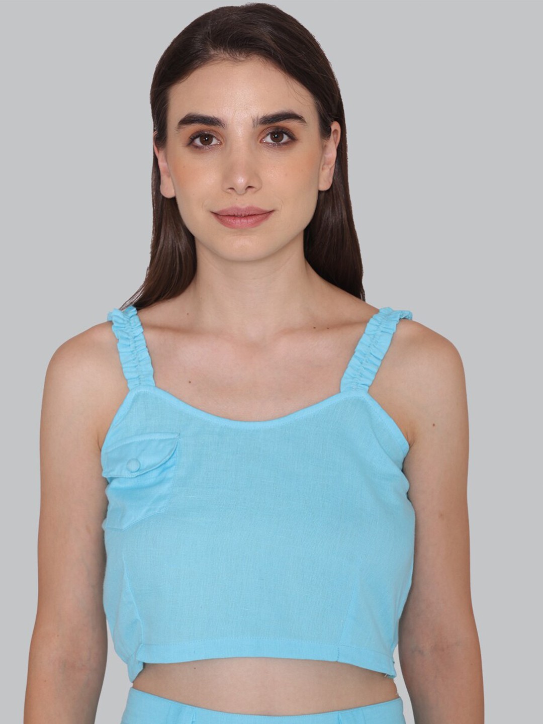 

CUFFS N LASHES Shoulder Straps Pocket Crop Top, Blue