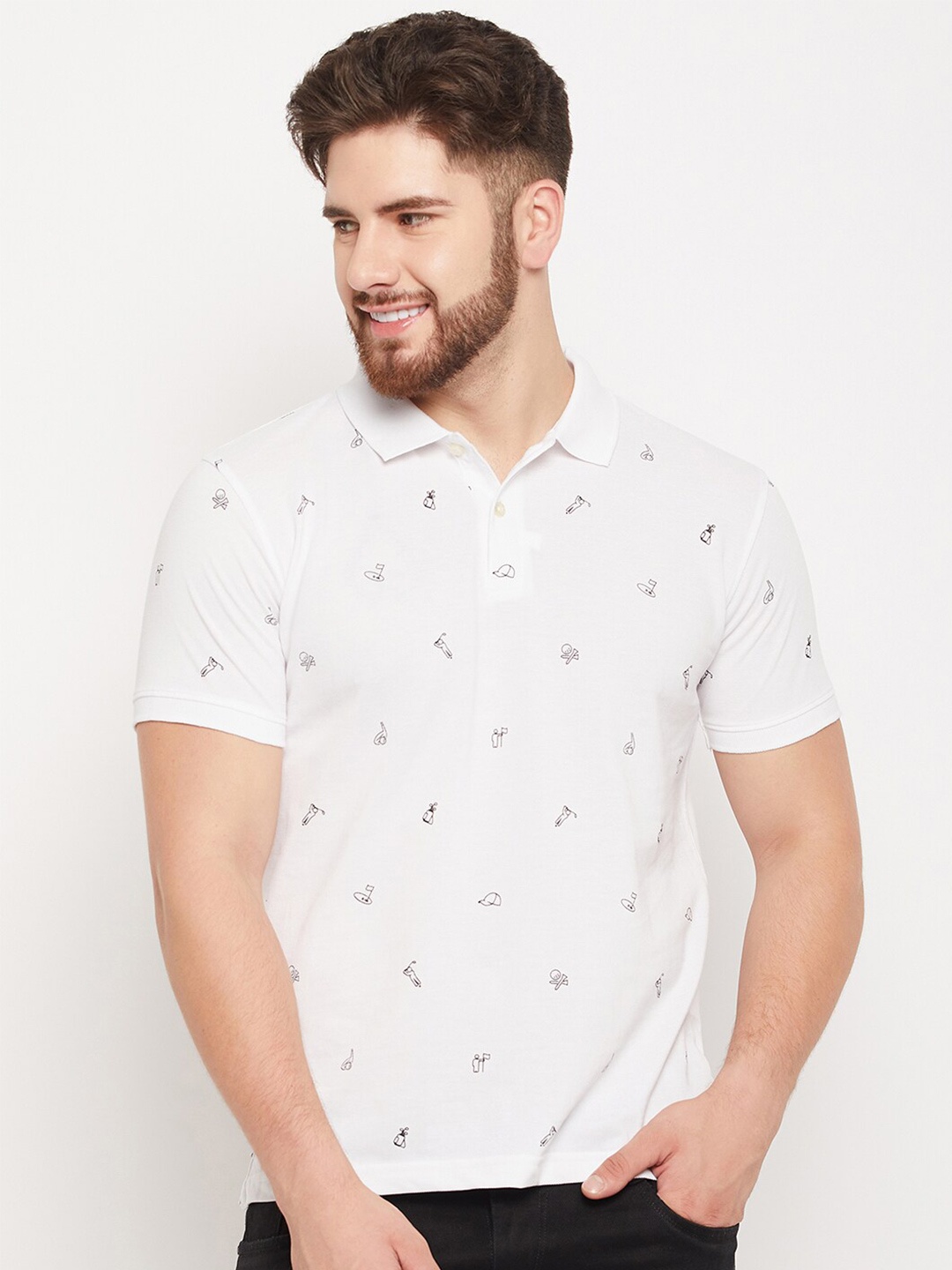 

Cantabil Conversational Printed Polo Collar Cotton T-shirt, White