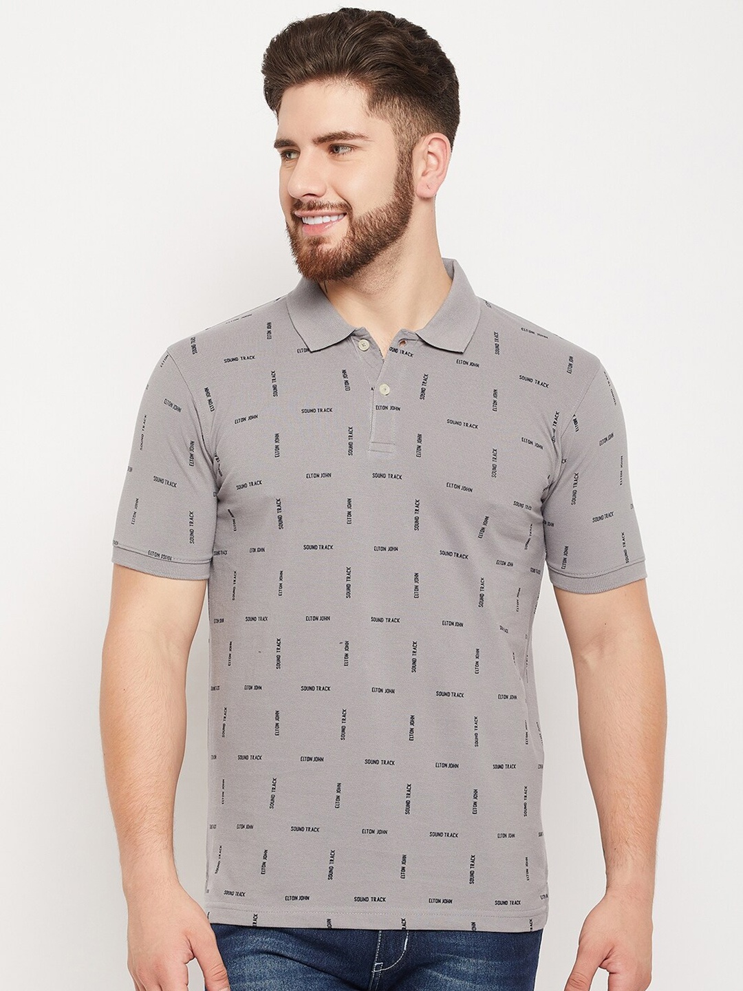 

Cantabil Typography Printed Polo Collar Cotton T-shirt, Grey