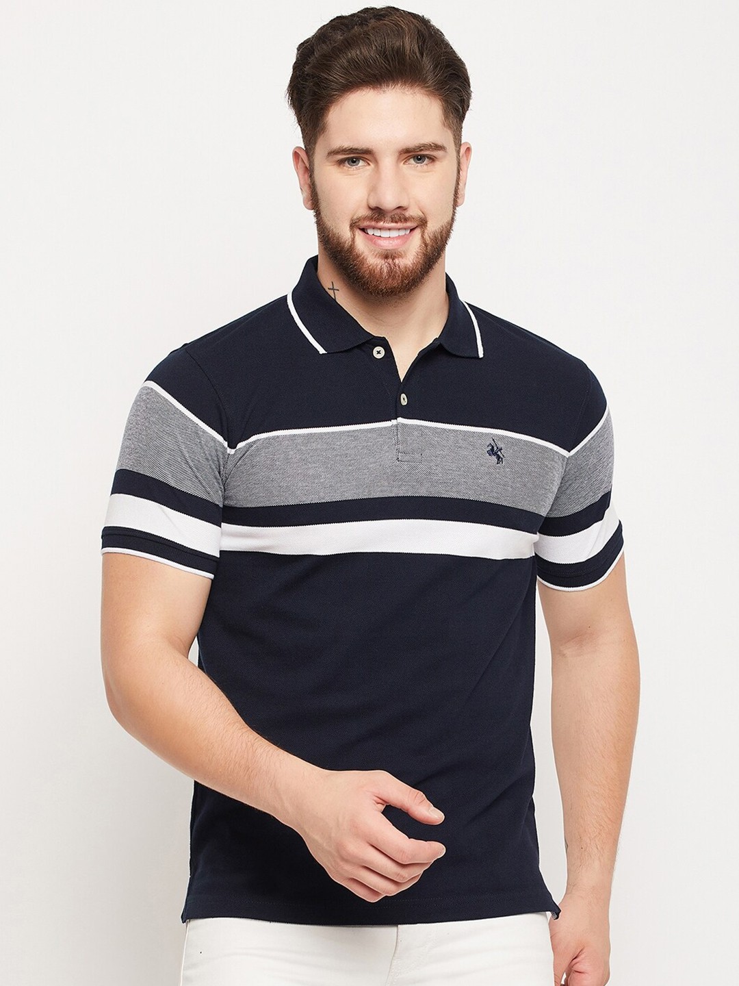 

Cantabil Striped Polo Collar Cotton T-shirt, Navy blue