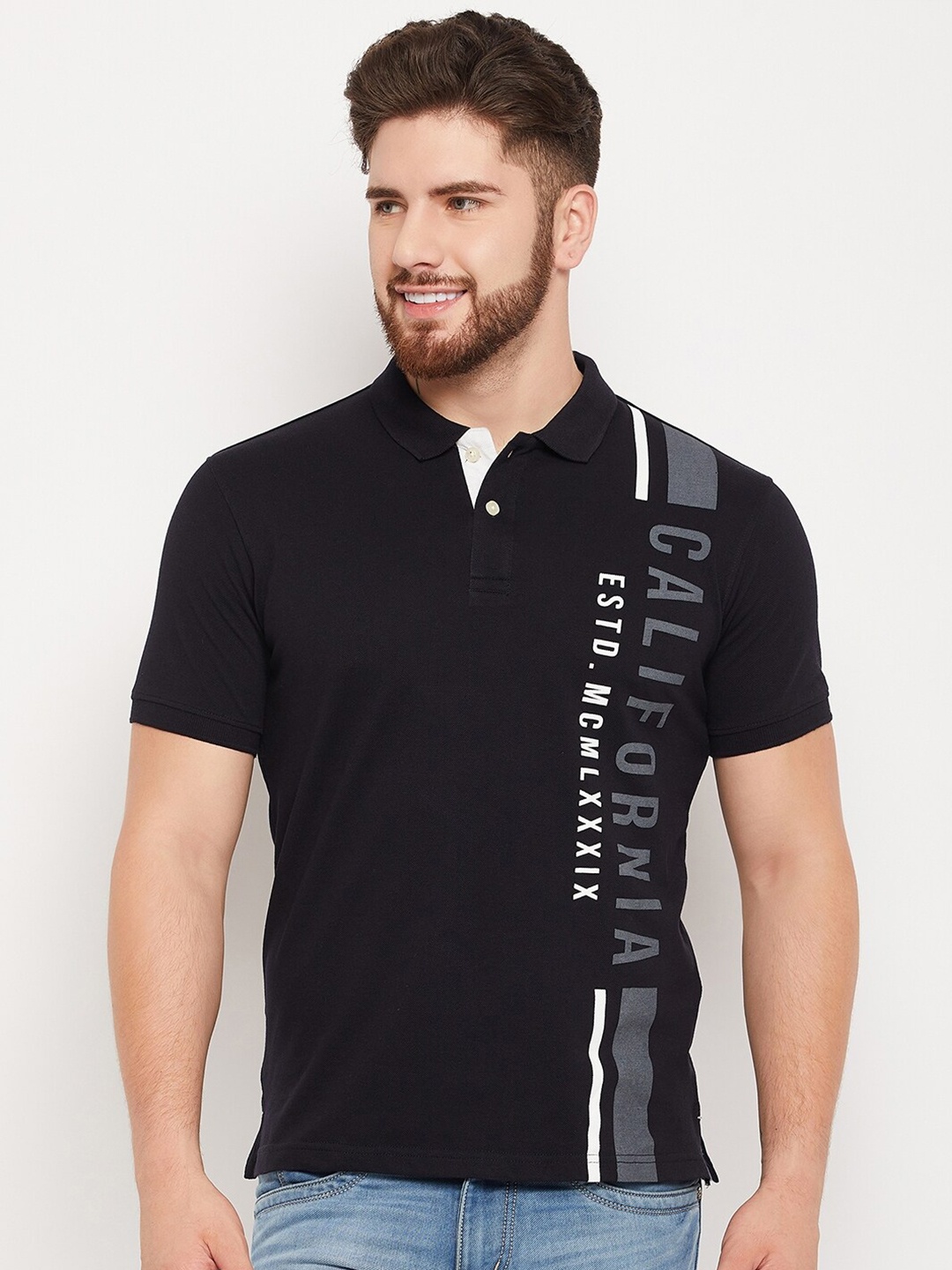 Cantabil Typography Printed Polo Collar T-shirt, Black