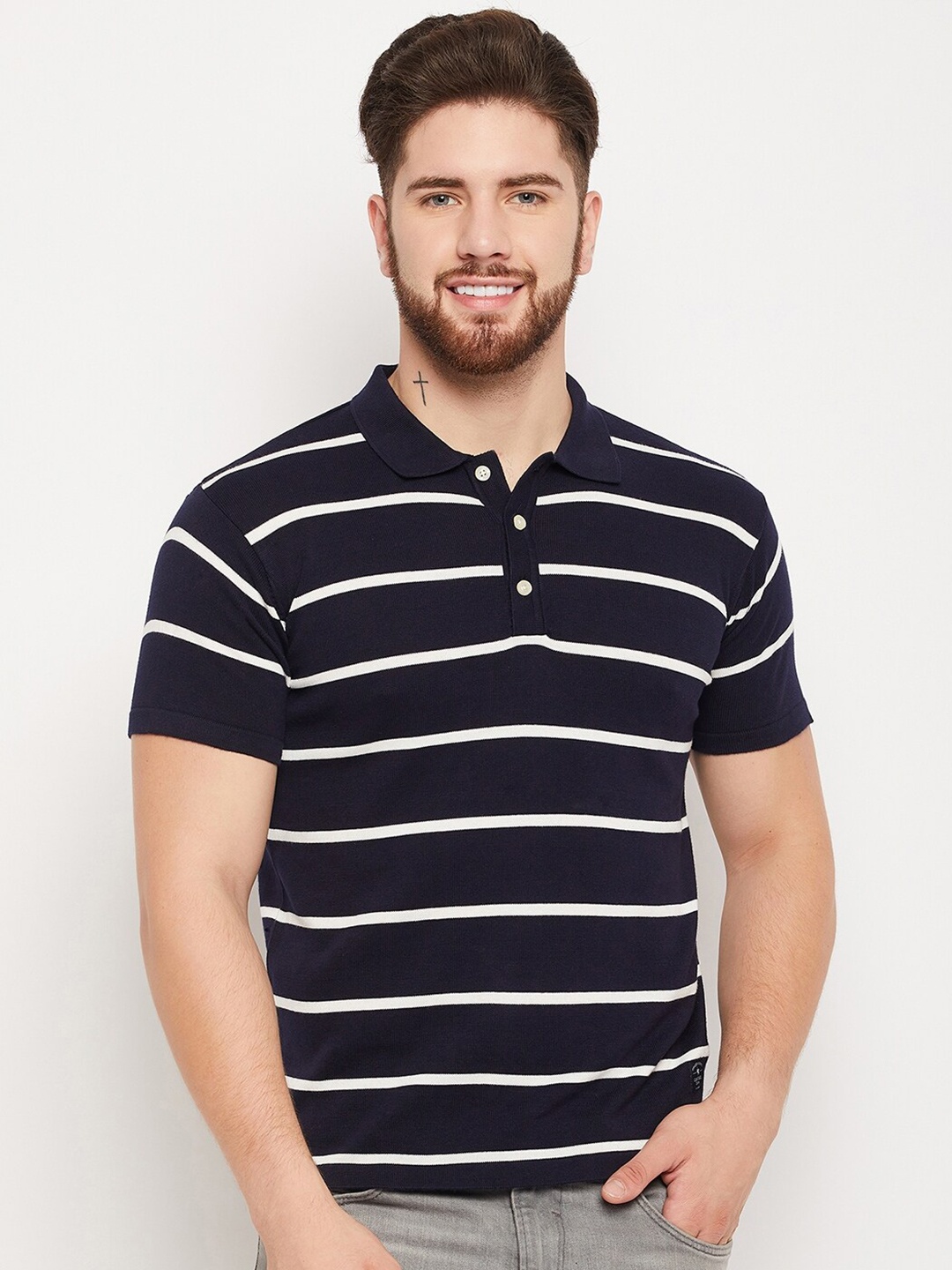 

Cantabil Striped Polo Collar Pure Cotton T-shirt, Navy blue