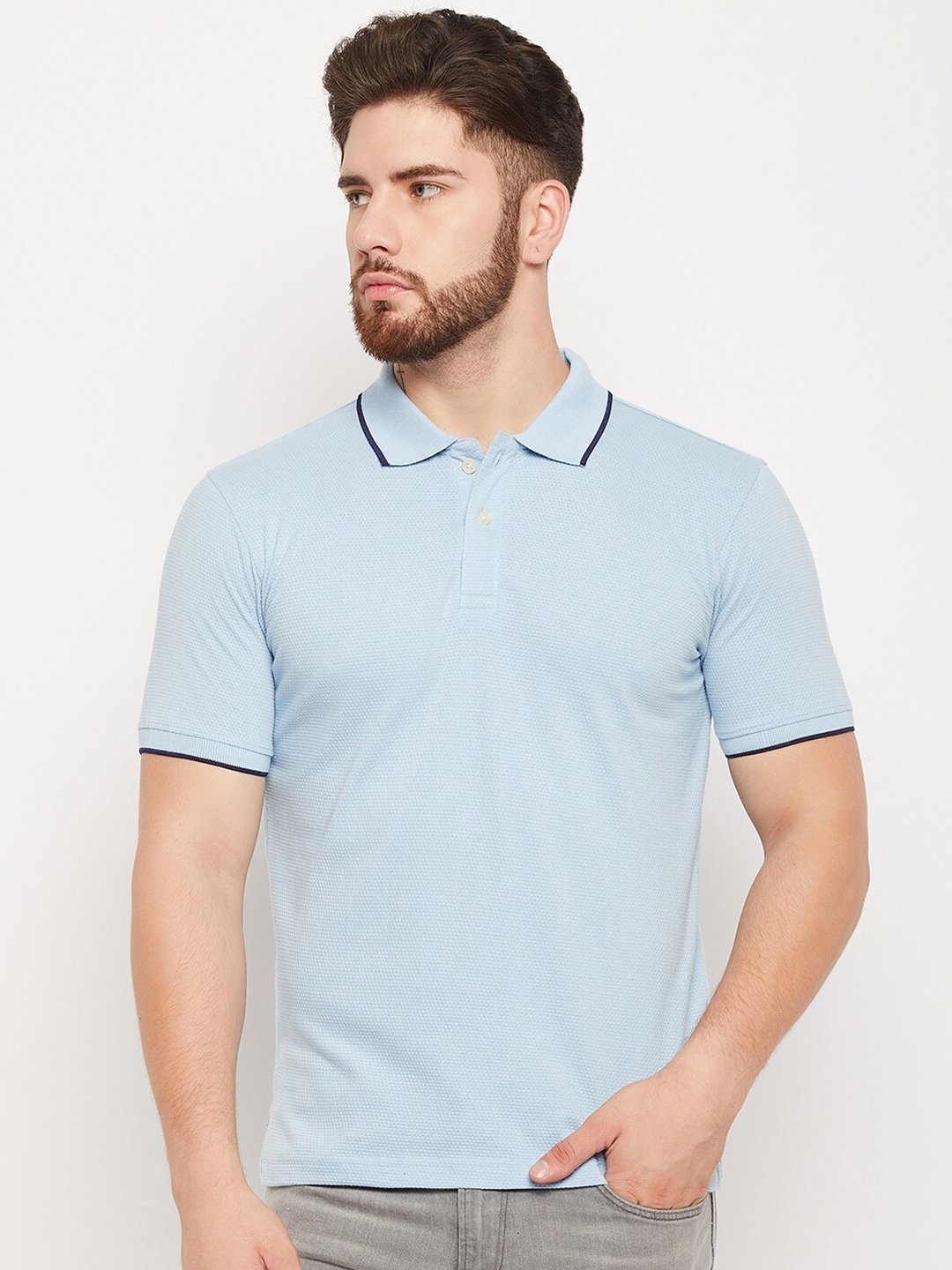 

Cantabil Self Design Polo Collar Pure Cotton Casual T-Shirt, Blue