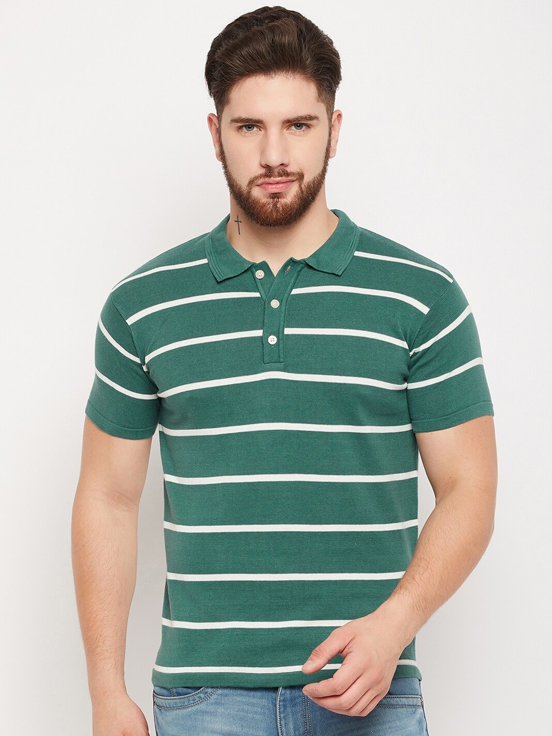 

Cantabil Striped Polo Collar Casual Pure Cotton T-shirt, Teal