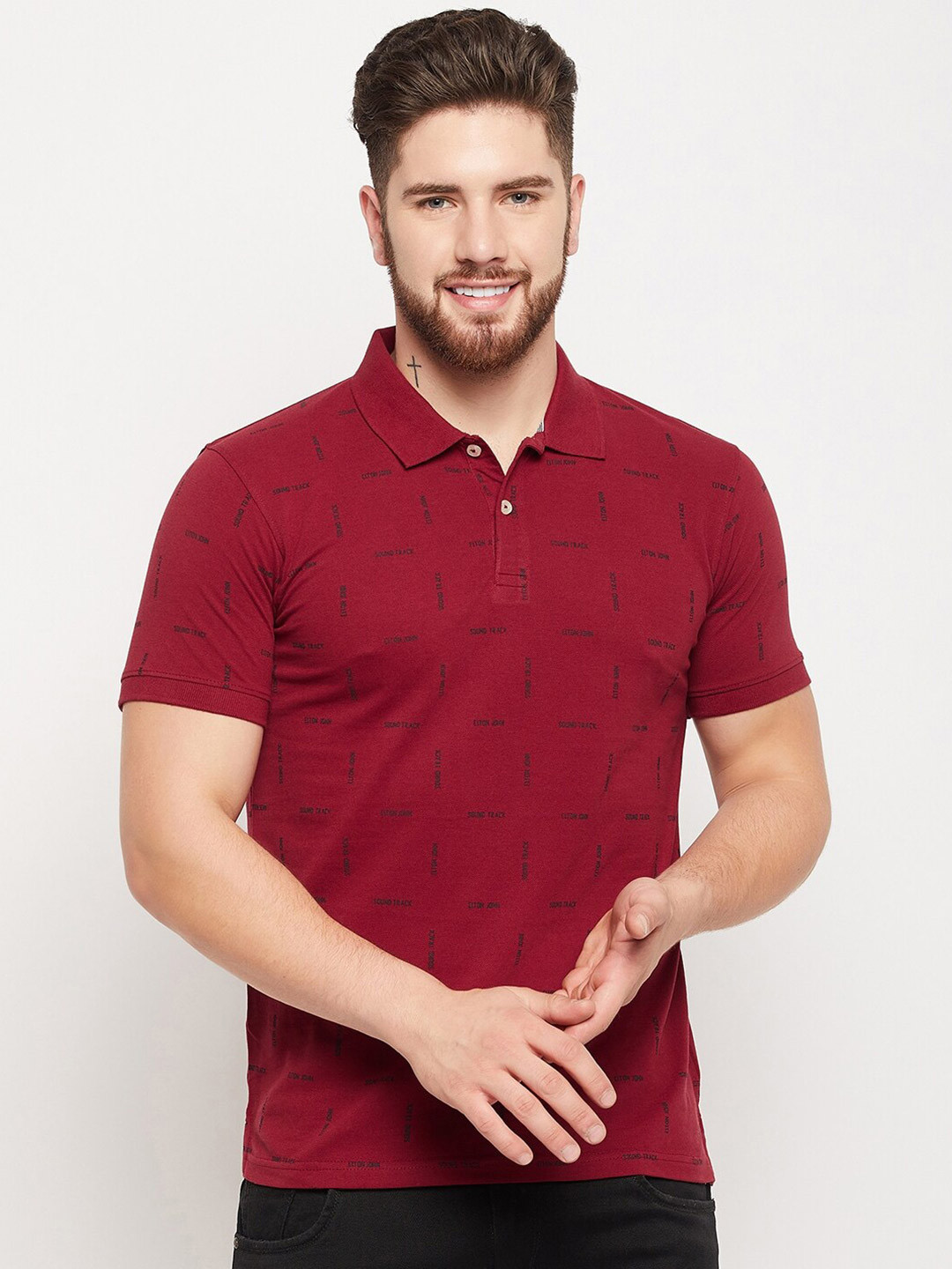 

Cantabil Typography Printed Polo Collar Cotton T-shirt, Maroon