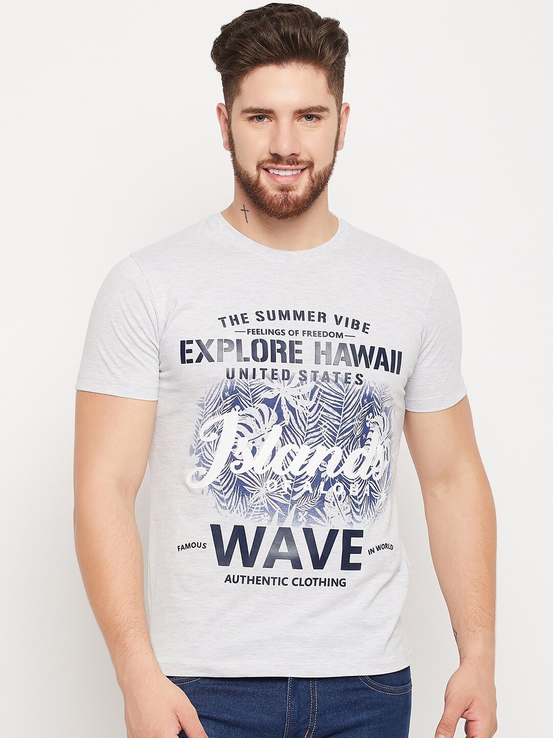 

Cantabil Typography Round Neck Cotton T-shirt, Grey melange