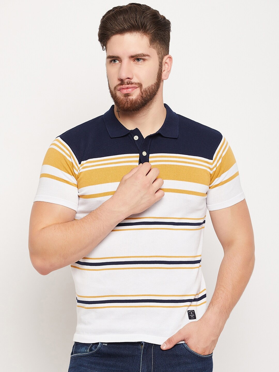 

Cantabil Striped Polo Collar Casual Pure Cotton T-shirt, Navy blue
