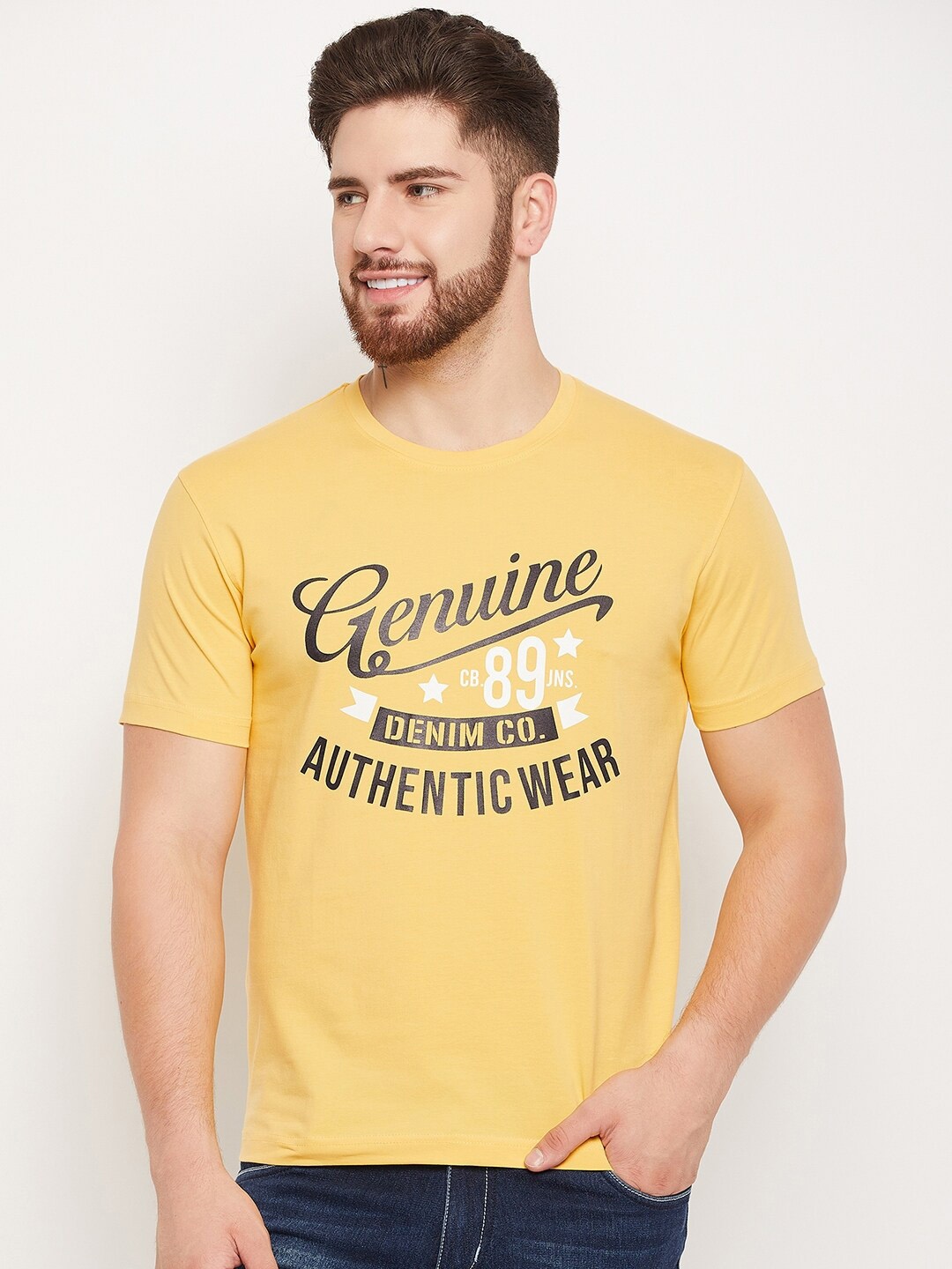 

Cantabil Typography Round Neck Cotton T-shirt, Yellow