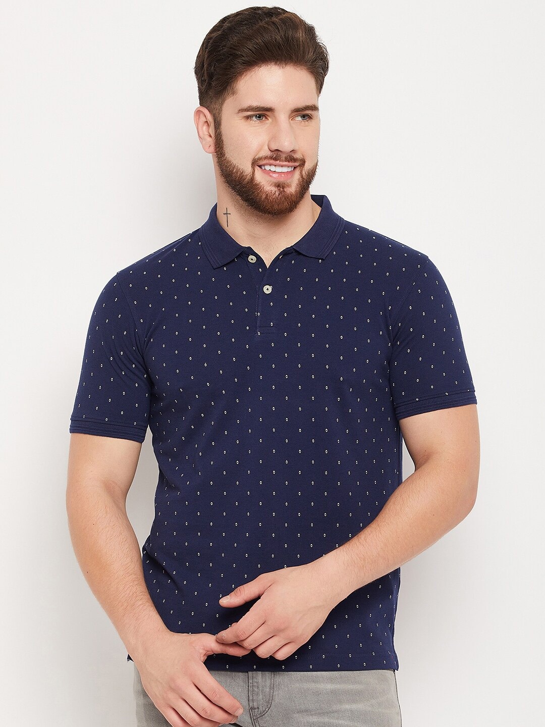 

Cantabil Micro Ditsy Printed Polo Collar T-shirt, Navy blue