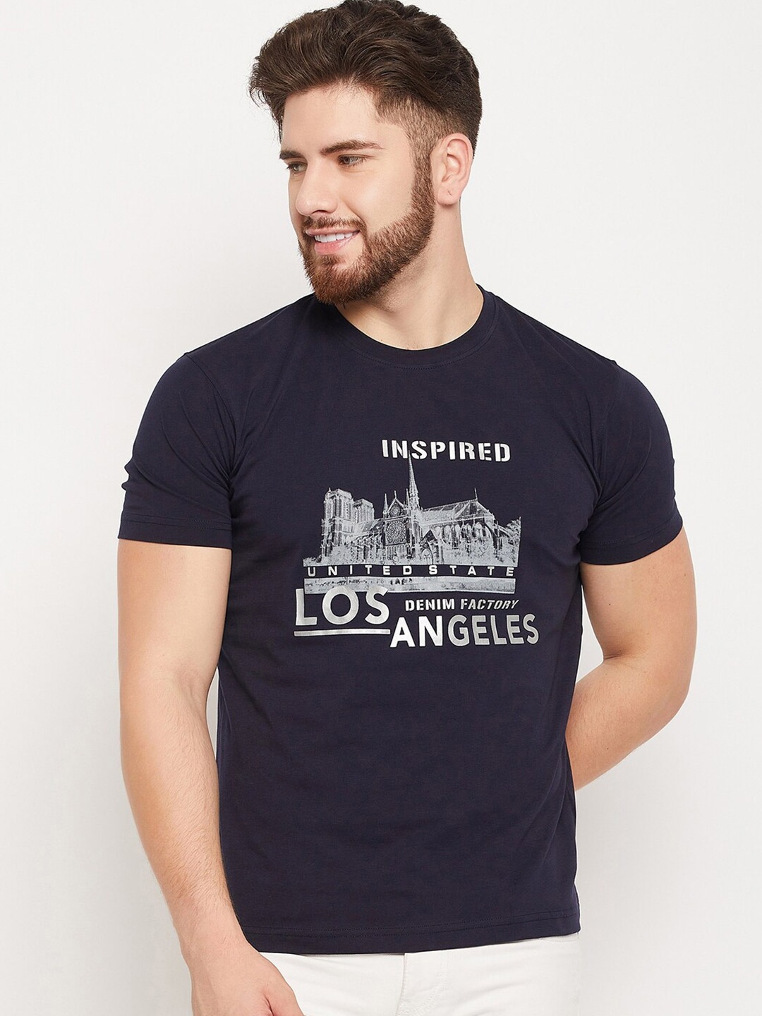 

Cantabil Typography Printed Round Neck Cotton T-shirt, Navy blue