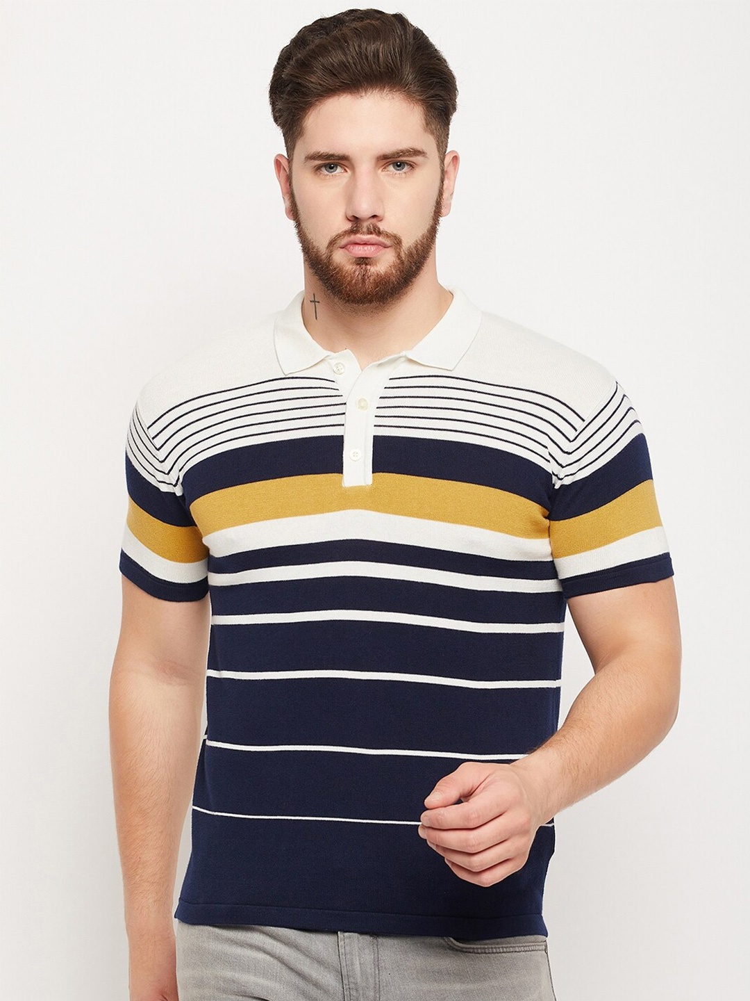 

Cantabil Striped Polo Collar Pure Cotton T-shirt, White