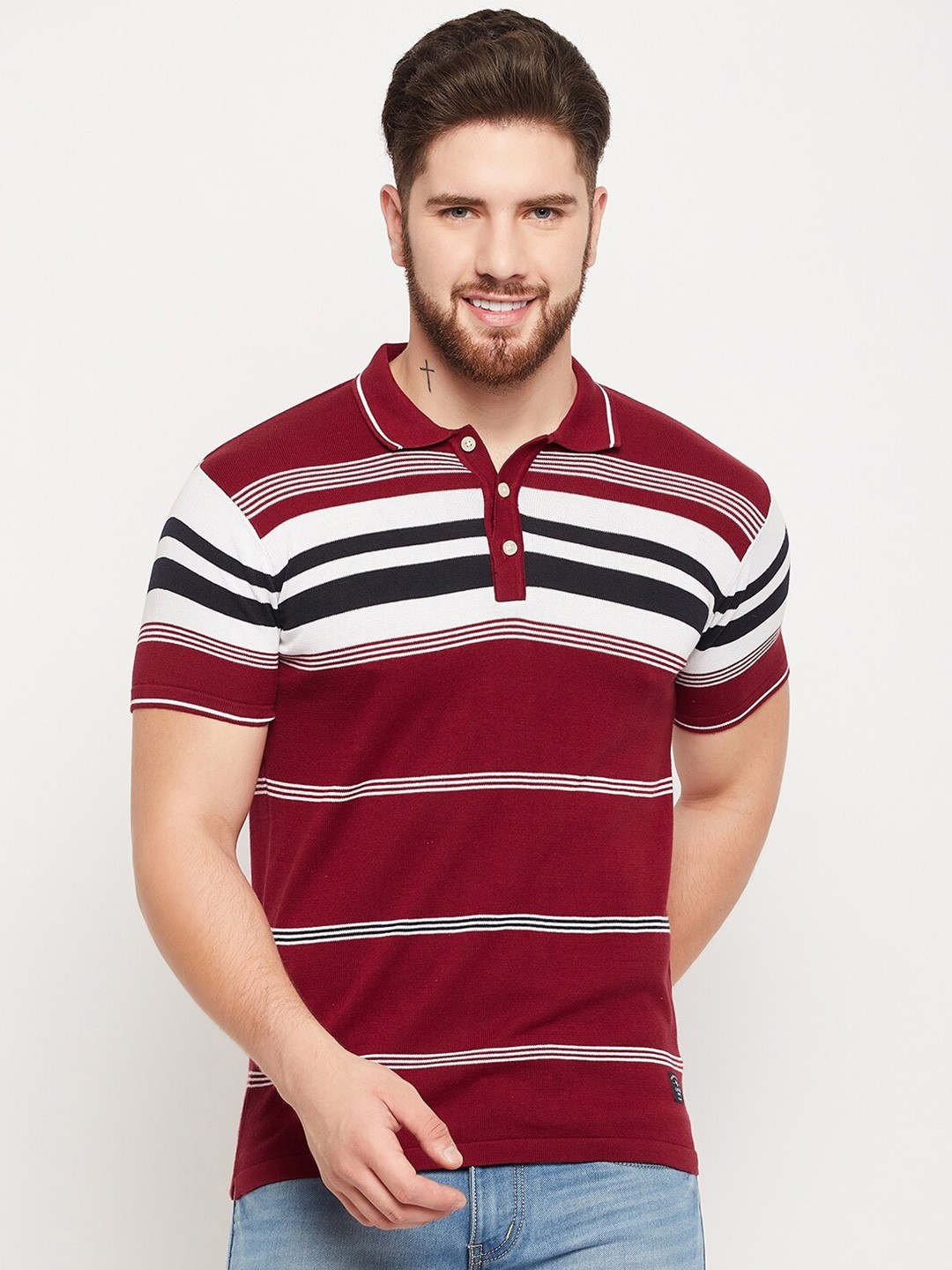 

Cantabil Striped Polo Collar Pure Cotton Casual T-Shirt, Maroon