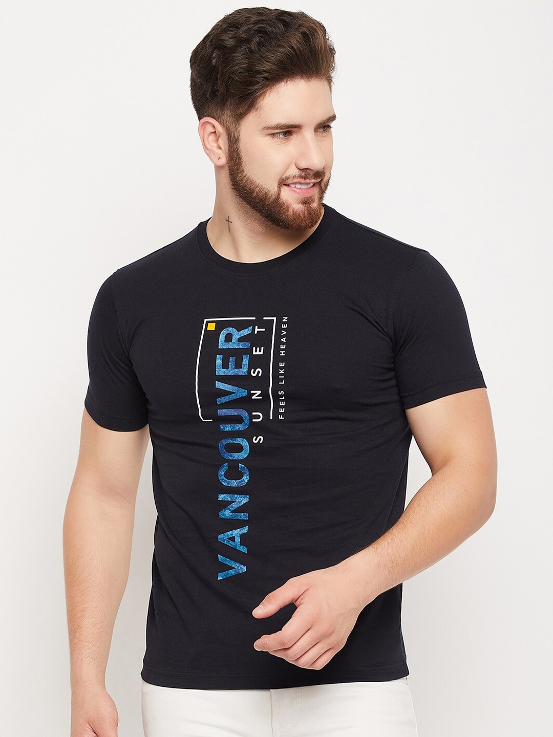 

Cantabil Typography Printed Round Neck Casual T-Shirt, Navy blue