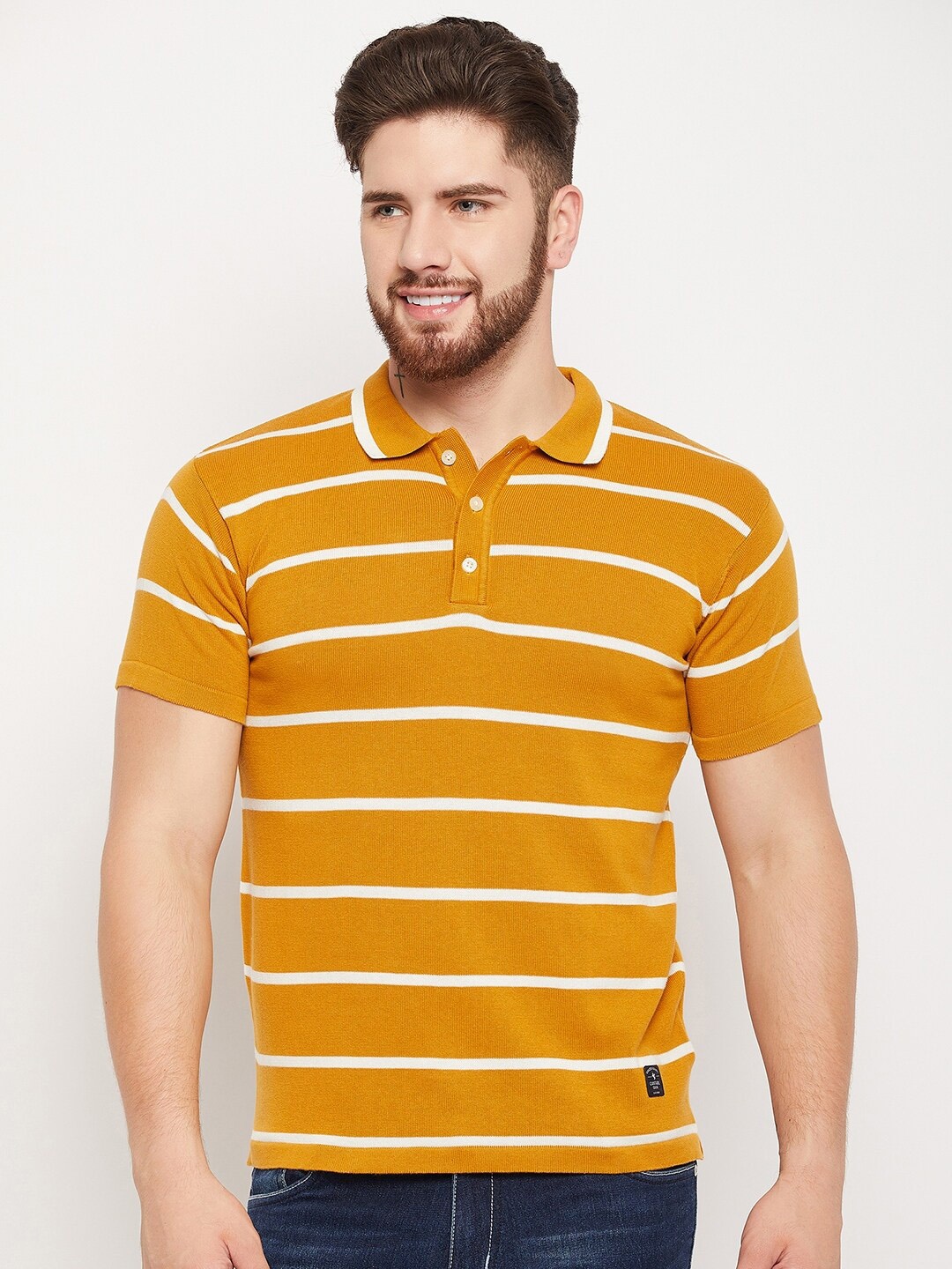 

Cantabil Striped Polo Collar Pure Cotton T-shirt, Mustard