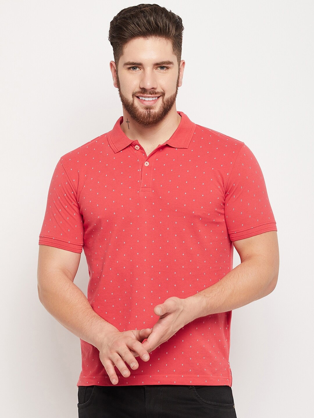 

Cantabil Pique Geometric Printed Cotton Polo T-shirt, Coral