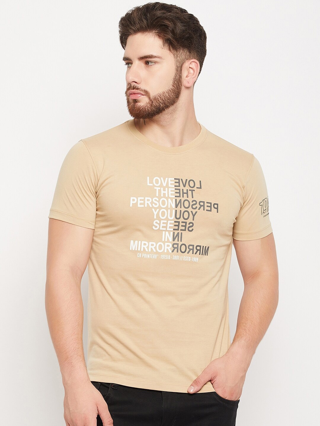 

Cantabil Typography Printed Round Neck T-Shirt, Beige