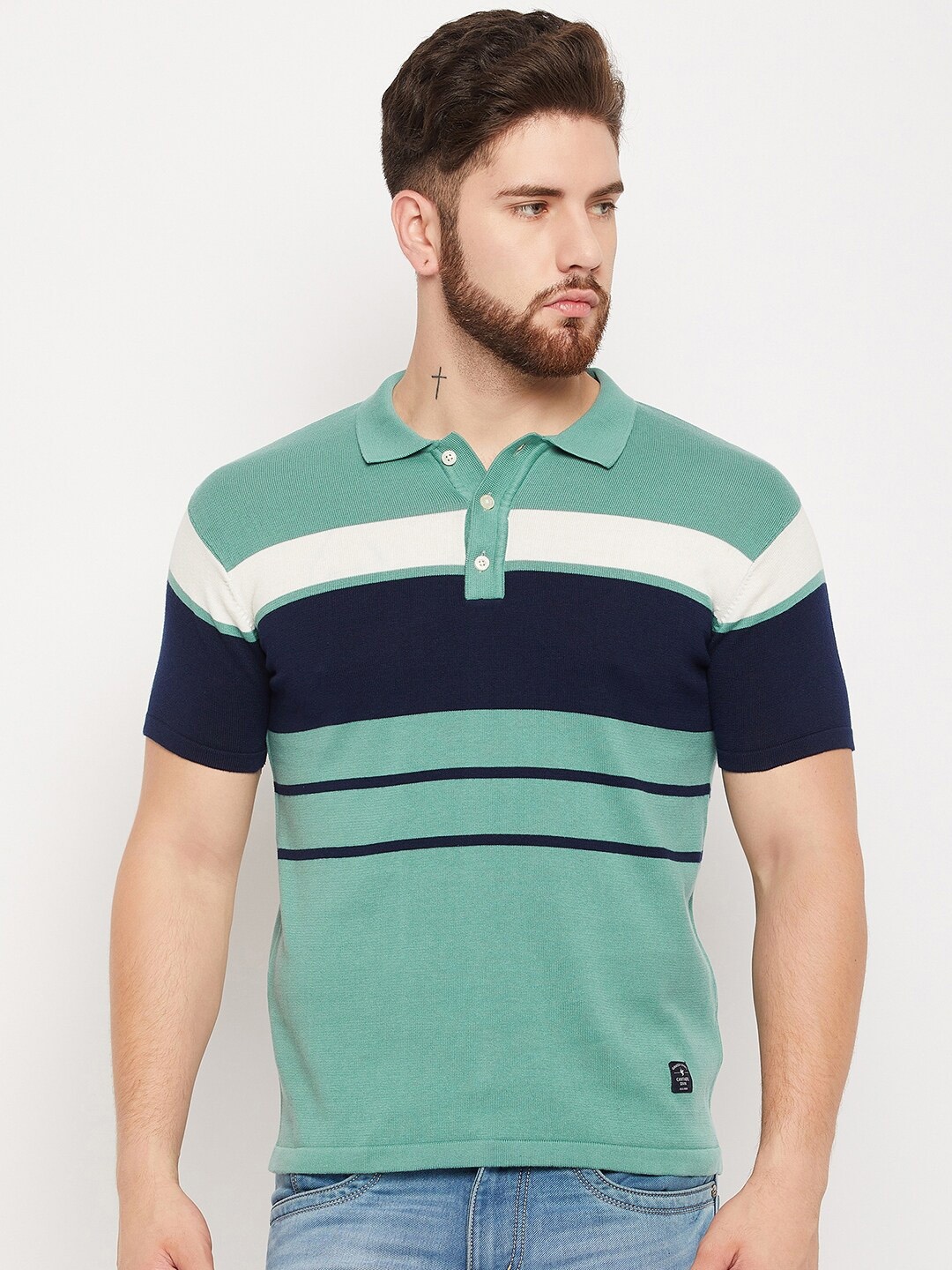 

Cantabil Striped Polo Collar Pure Cotton T-shirt, Green