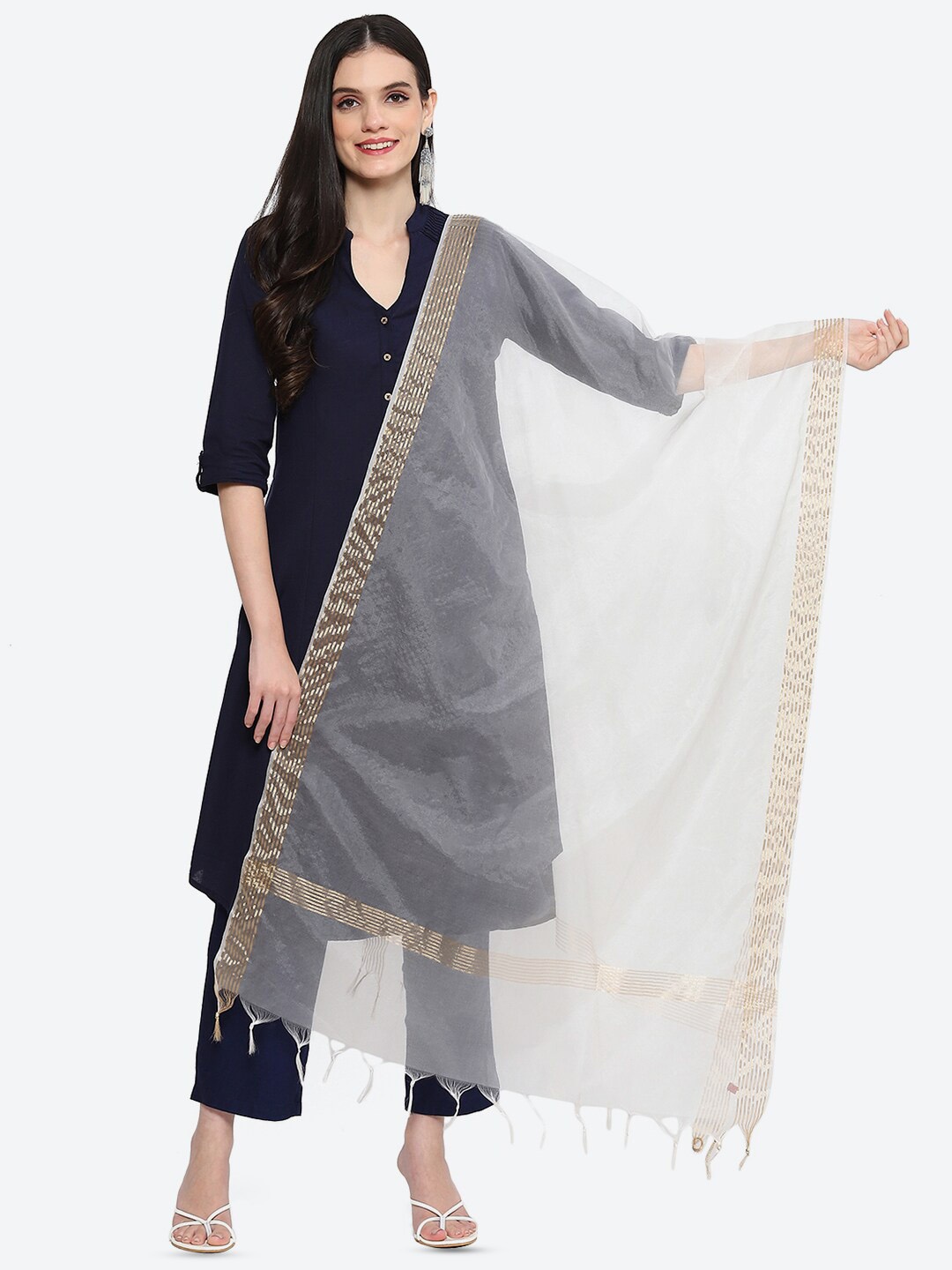 

Biba Solid Dupatta with Zari, Off white