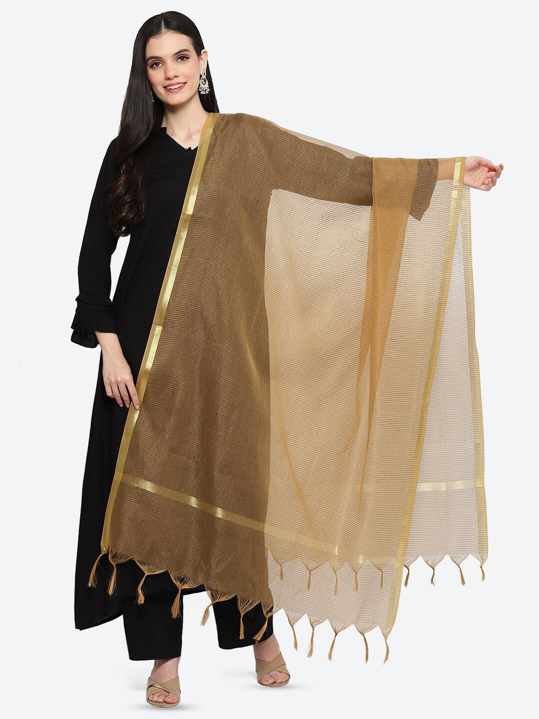 

Biba Solid Cotton Zari Dupatta, Brown