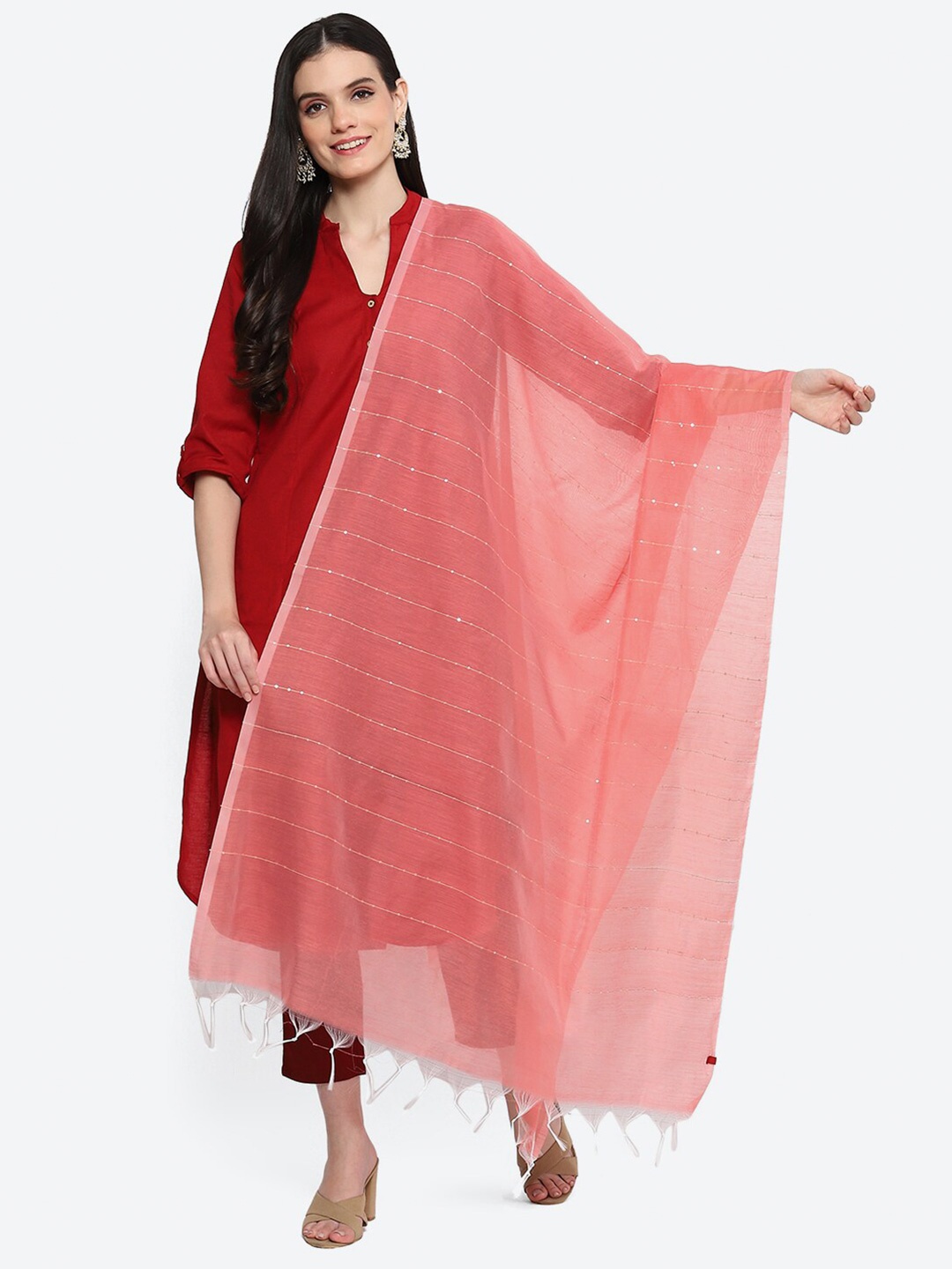 

Biba Striped Sequinned Dupatta, Pink